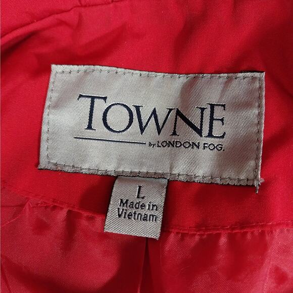 LONDON FOG "TOWNE!" RACY RED COTTON DUCK BELTED RAINCOAT, W/BUTTON ON HOOD! SZ L - Picture 10 of 13